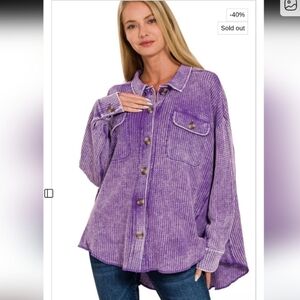Zenana Outfitters Purple Waffle Mineral Wash Distressed Button Down Shacket Top